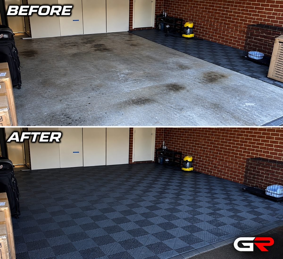 Garage floor before and after our tile installation